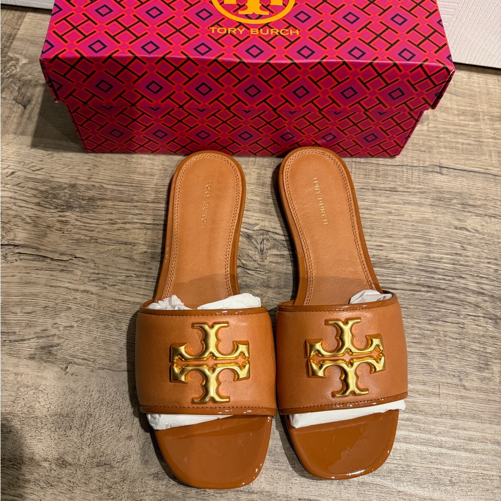 Tory Burch Eleanor Tan and Gold Slide Sandals
